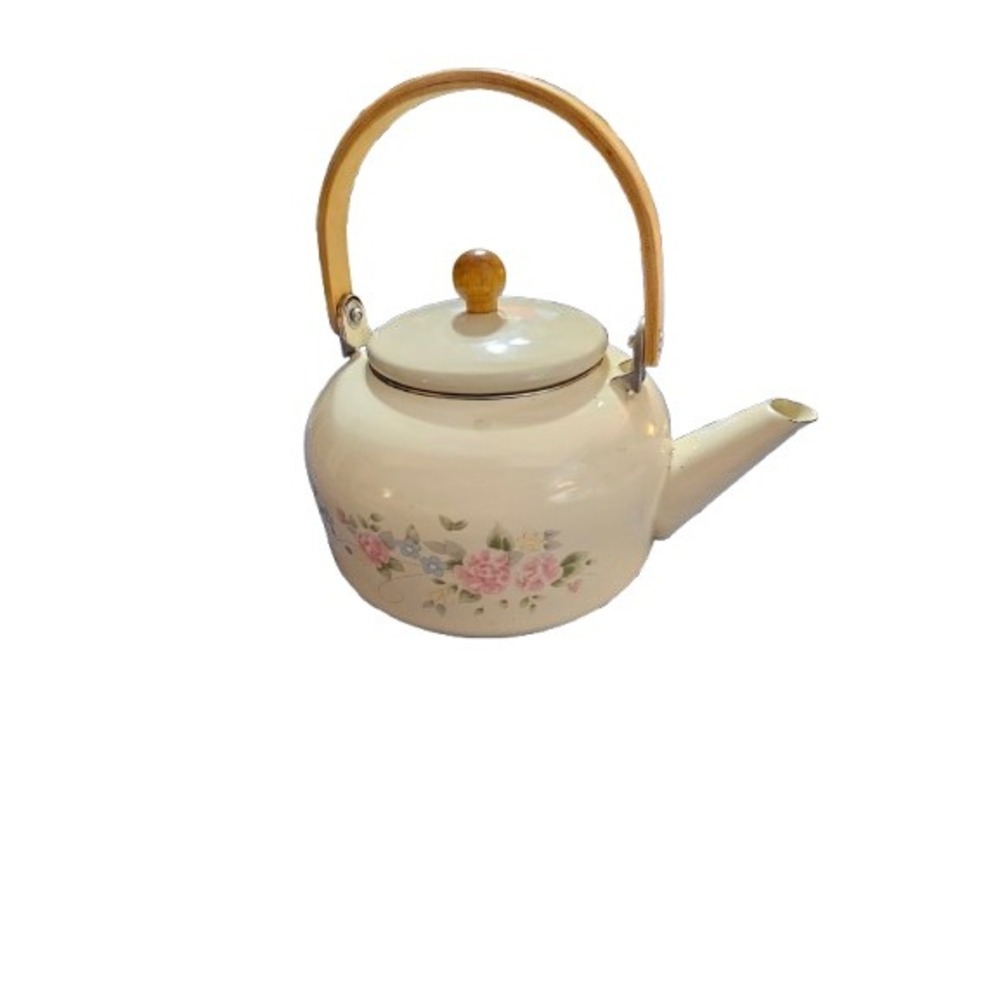 vintage Pfaltzgraff Tea Rose Enamel Kettle with a wooden handle.
